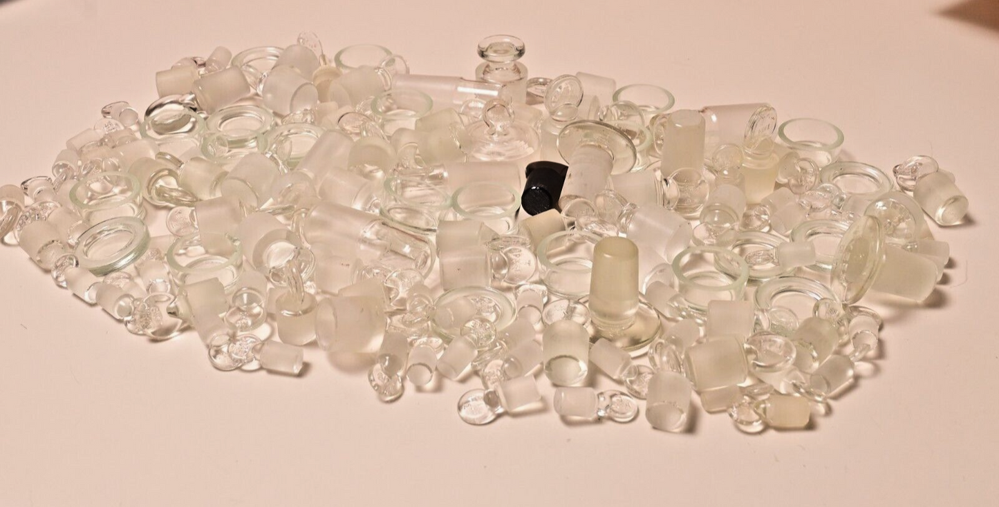 Lot of 138 Lab Glass Stoppers Small Cups Caps Pyrex Penny Head & Misc. ~5.5 lbs
