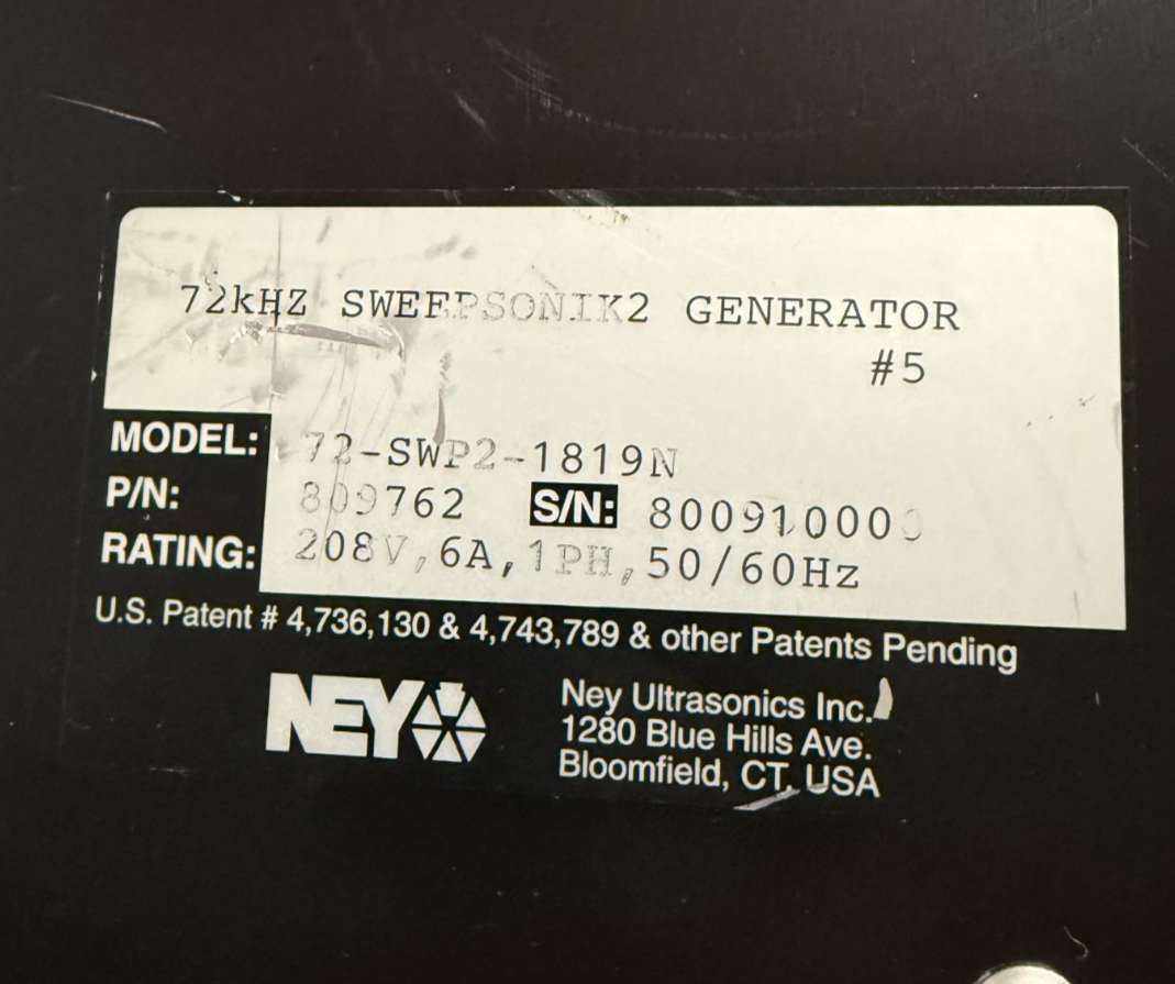 NEY Ultrasonics SweepSONIK 2 72kHz Ultrasonic Generator P/N 809762 72-SWP2-1819N