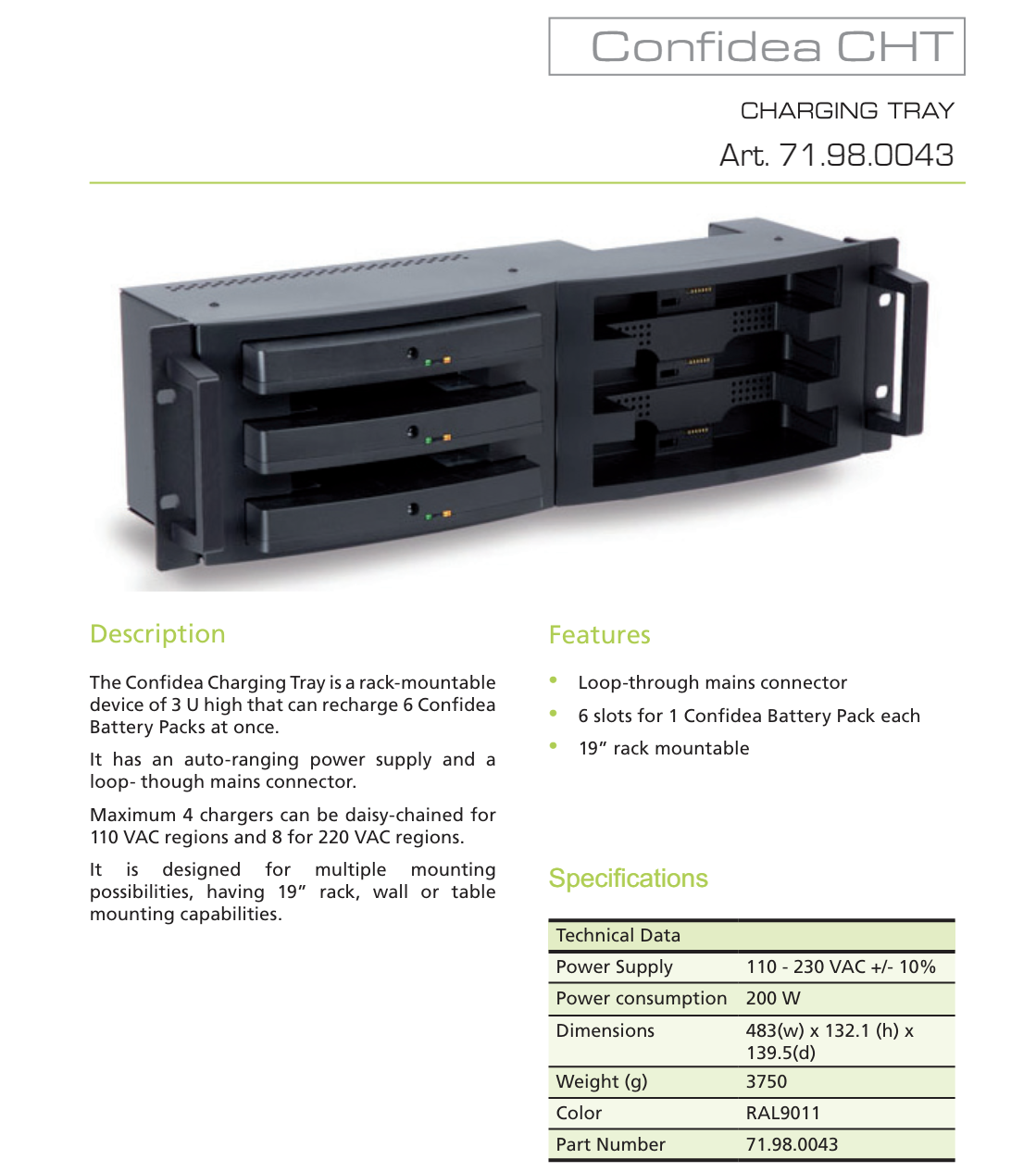 Televic Confidea CHT Charging Tray 19" Rack Mount 6-Slot 71.98.0043
