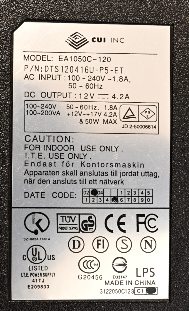 CUI Model EA1050C-120 DC Power Supply 12V@4.2A