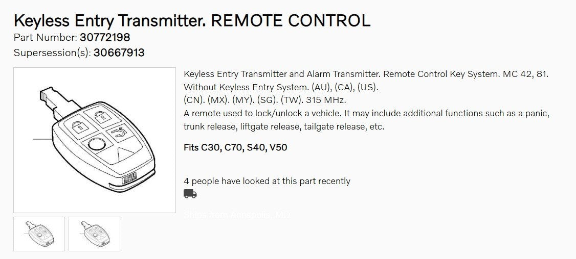 Volvo Keyless Entry Transmitter Remote P/N 30772198 Genuine Sealed C30 C70 S40