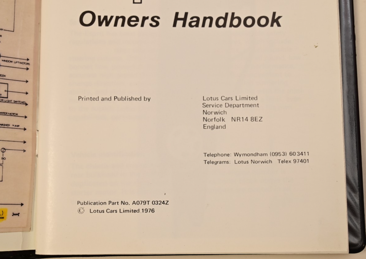 Lotus Esprit S1 Owner's Handbook NOS or Reprint? 1976 P/N A079T03242
