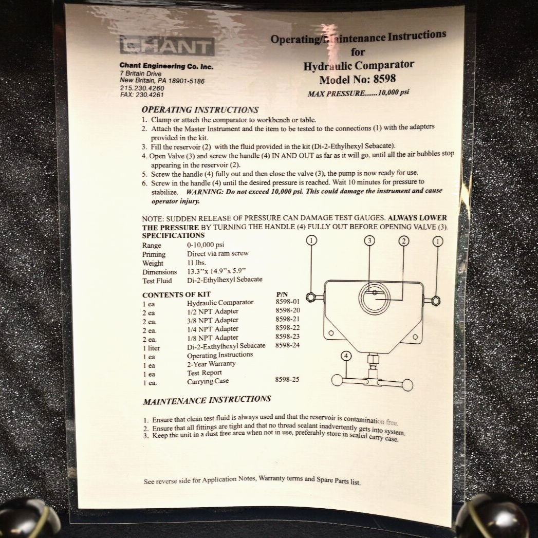 CHANT Engineering Hydraulic Comparator Model 8598 10,000 PSI Military Surplus