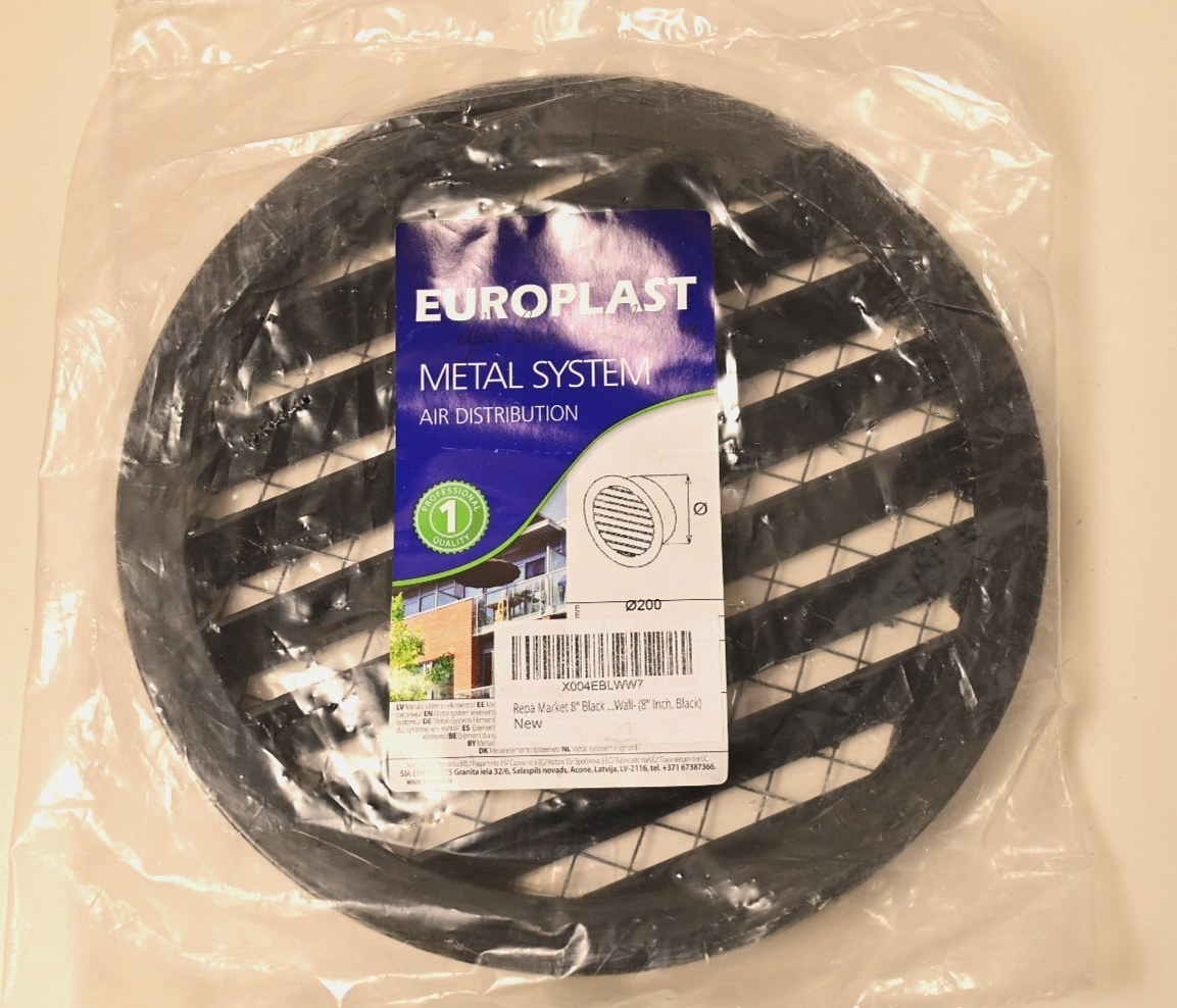 EUROPLAST Black Metal Round Air Vent Grille 8" 200mm with Screen Flat Duct Cover