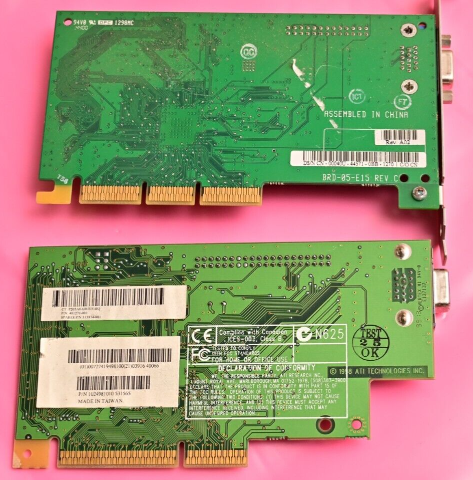 Lot of 2 Vintage Video Cards NVIDEA BRD-05-E15 ATI RAGE PRO 109-49800-10