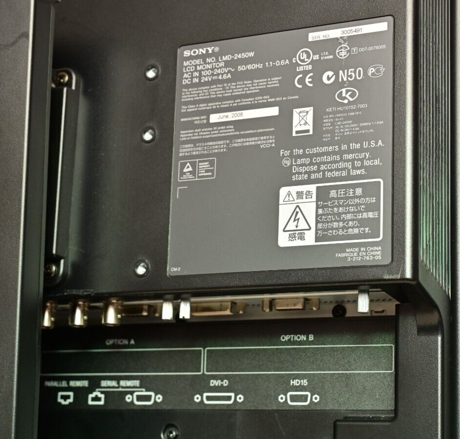 Sony LMD-2450W 24" High-Grade AC/DC LCD with BKM-243HS 4:2:2 HD-SDI Option Card