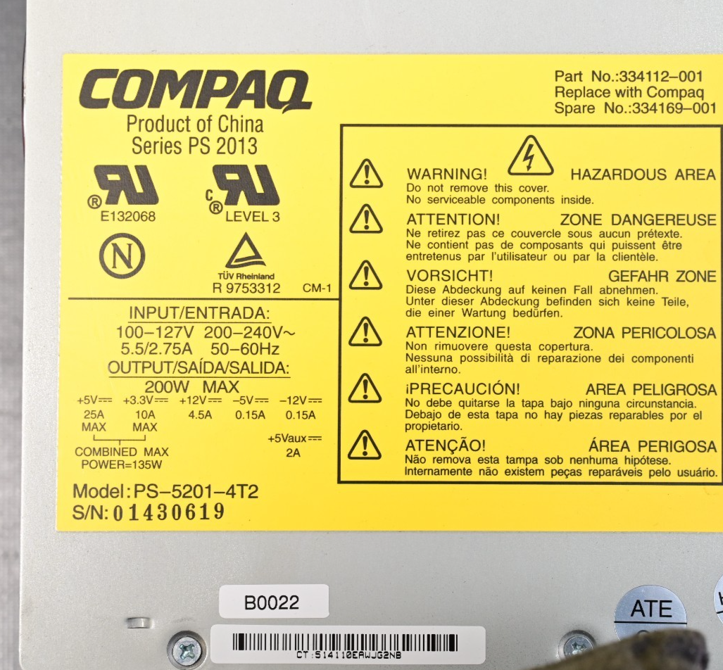 Compaq PS-5201-4T2 200W ATX Power Supply Vintage 1999 Tested OK See Notes