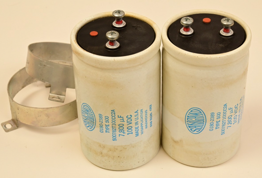 QTY 2 Sangamo 0180-2389 Large Electrolytic Capacitors 7,800uF 100VDC w/ Mounts