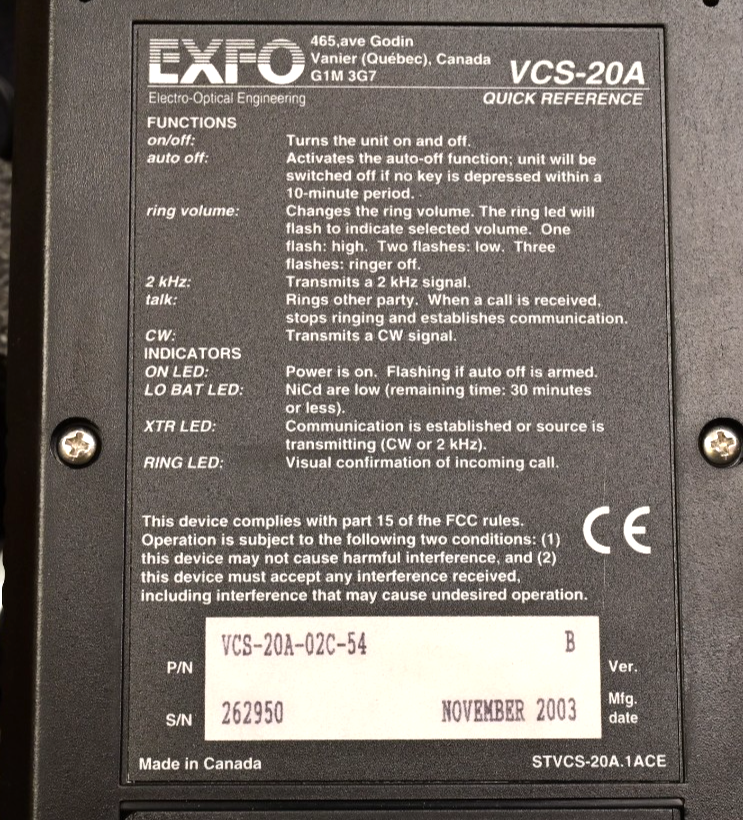 EXFO VCS-20A Voice Communicator Kit Fiber Optic Talk Set w/ Headset P/S & Case