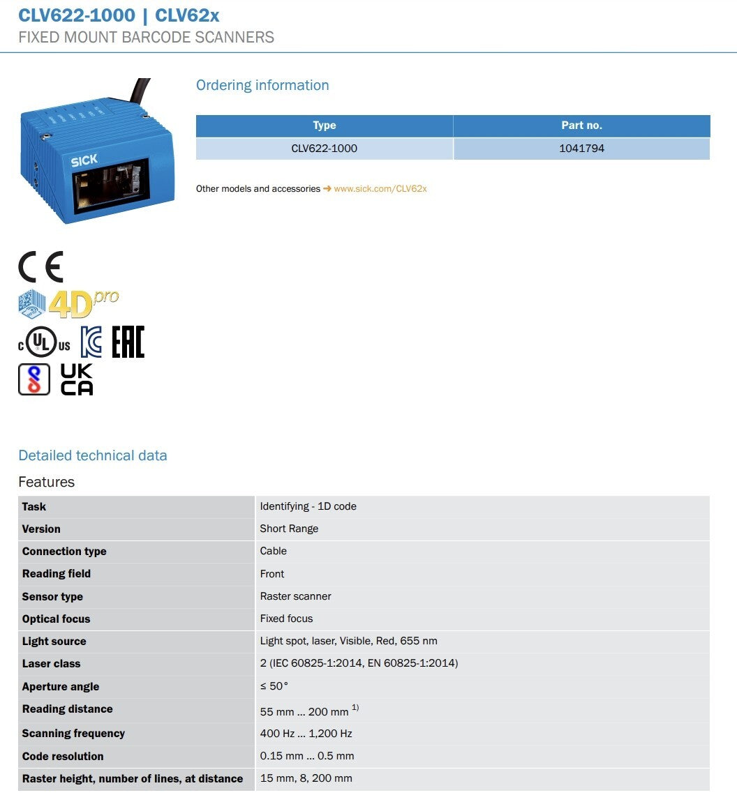 SICK CLV622-1000 Fixed Mount Barcode Scanner Industrial P/N 1041794 655nm@1.5mW