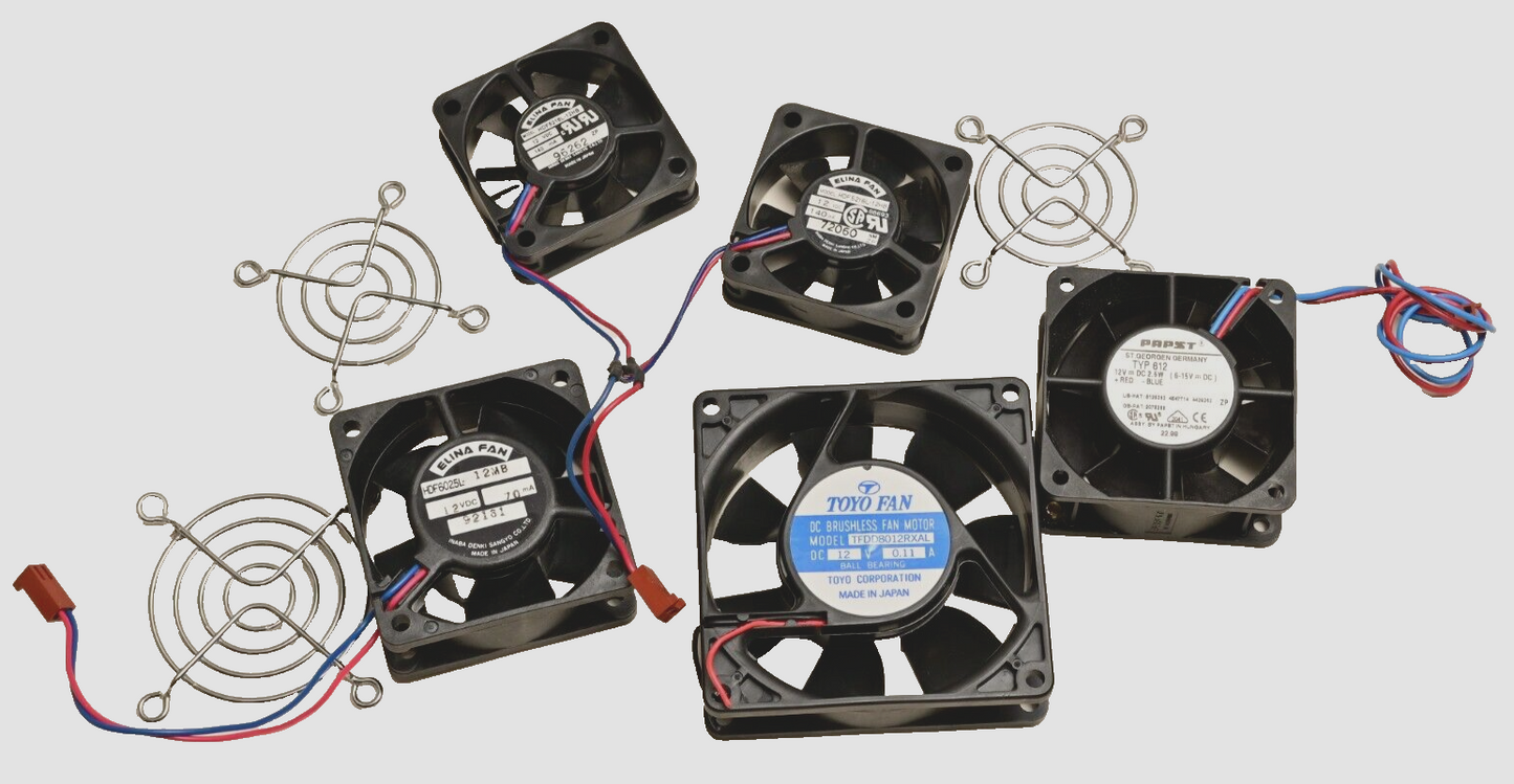 Lot of 5 High Quality DC Fans 12V Toyo Elina Papst Japan/Germany w/ 3 Grilles