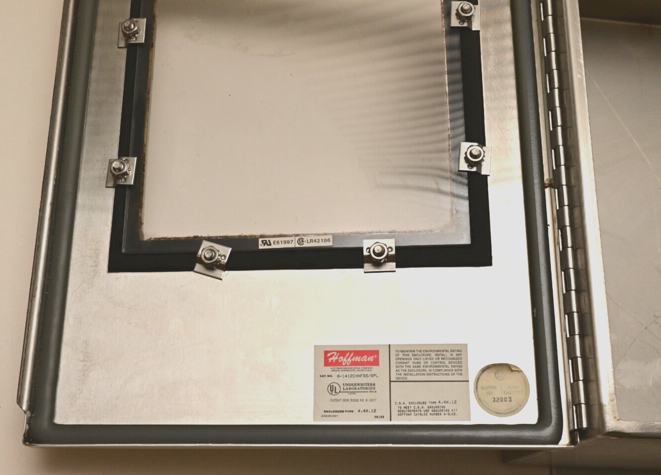 Hoffman Stainless J Box 14"x 12"x6" Continuous Hinge w/ Window A-1412CHNFSS/SPL