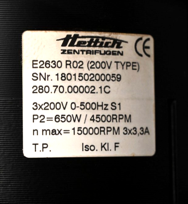 Hettich Motor E2630 R02 (200V Type) w/ Baumer Encoder Rotanta 46 RSC Centrifuge