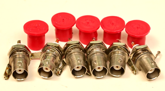 QTY 6 Vintage HP BNC Bulkhead Connectors Female w/ Hardware & Caplugs Gold Pin