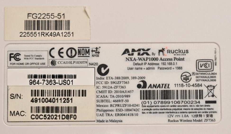 AMX Ruckus NXA-WAP1000 Access Point ZF7363 FG2255-51