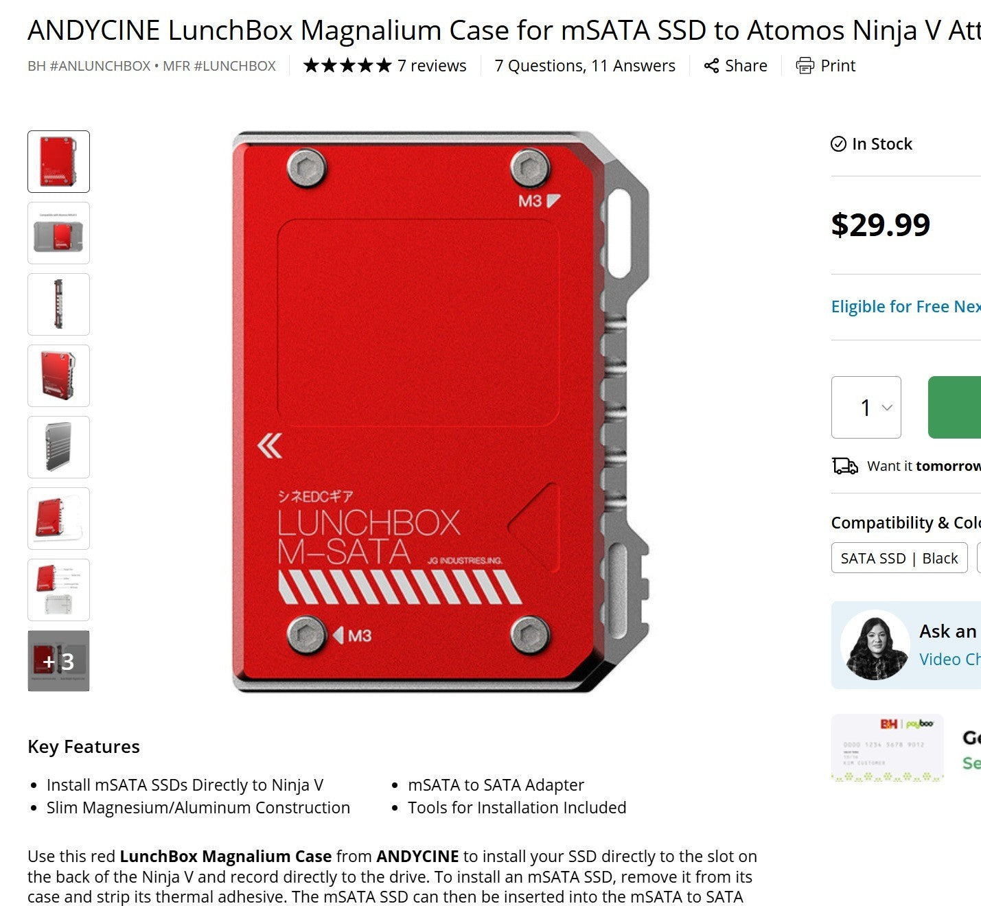 AndyCine Lunchbox mSATA Adapter for Atomos Ninja V Note:m-SATA to SATA