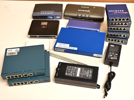 Lot of 14 Routers, KVM, PoE Injector, VPN, Gigabit Switches Cisco Netgear IOGear