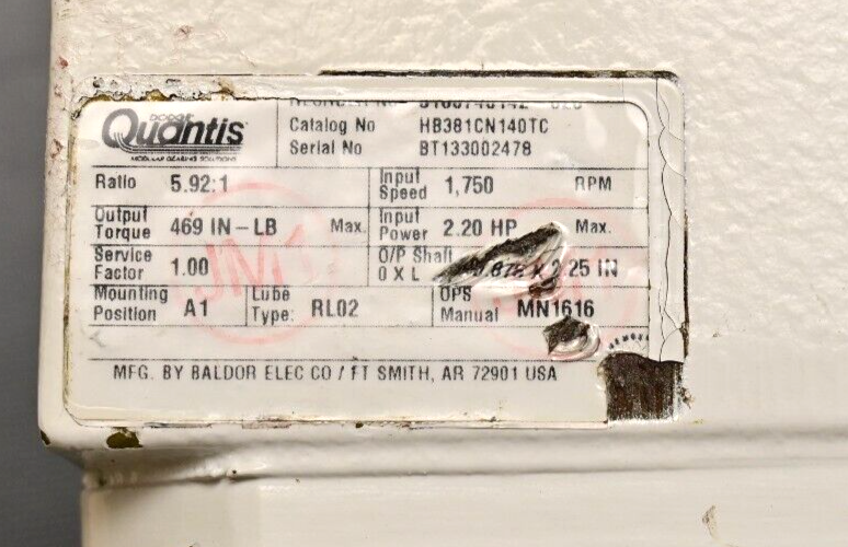 Baldor Quantis Helical Gear Reducer 5.92:1 Input 2.2HP 1750 RPM HB381CN140TC