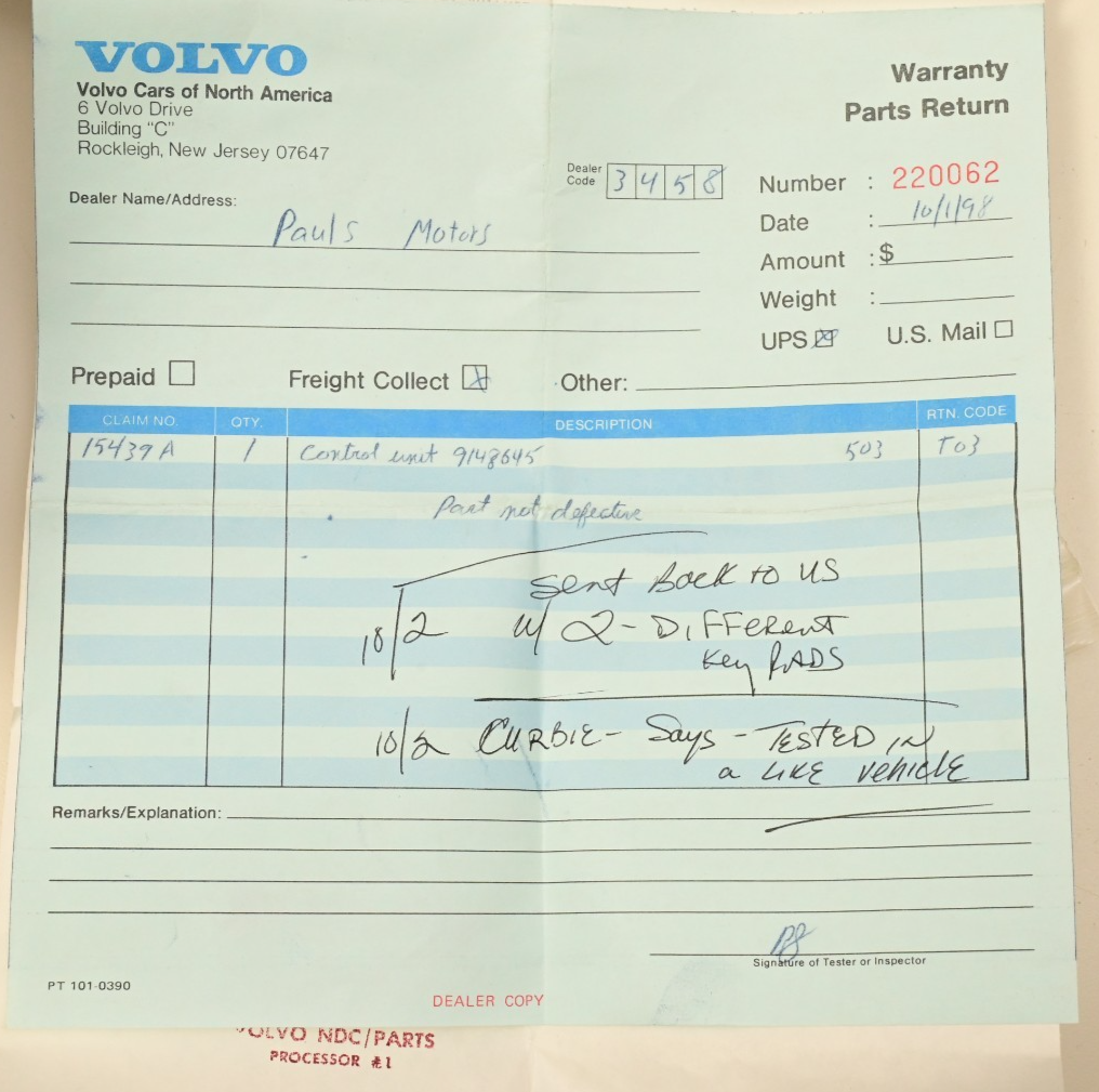 Volvo 850 Remote Receiver 9148645 ALPS WG1G114B NIB Warranty Return *See Notes*
