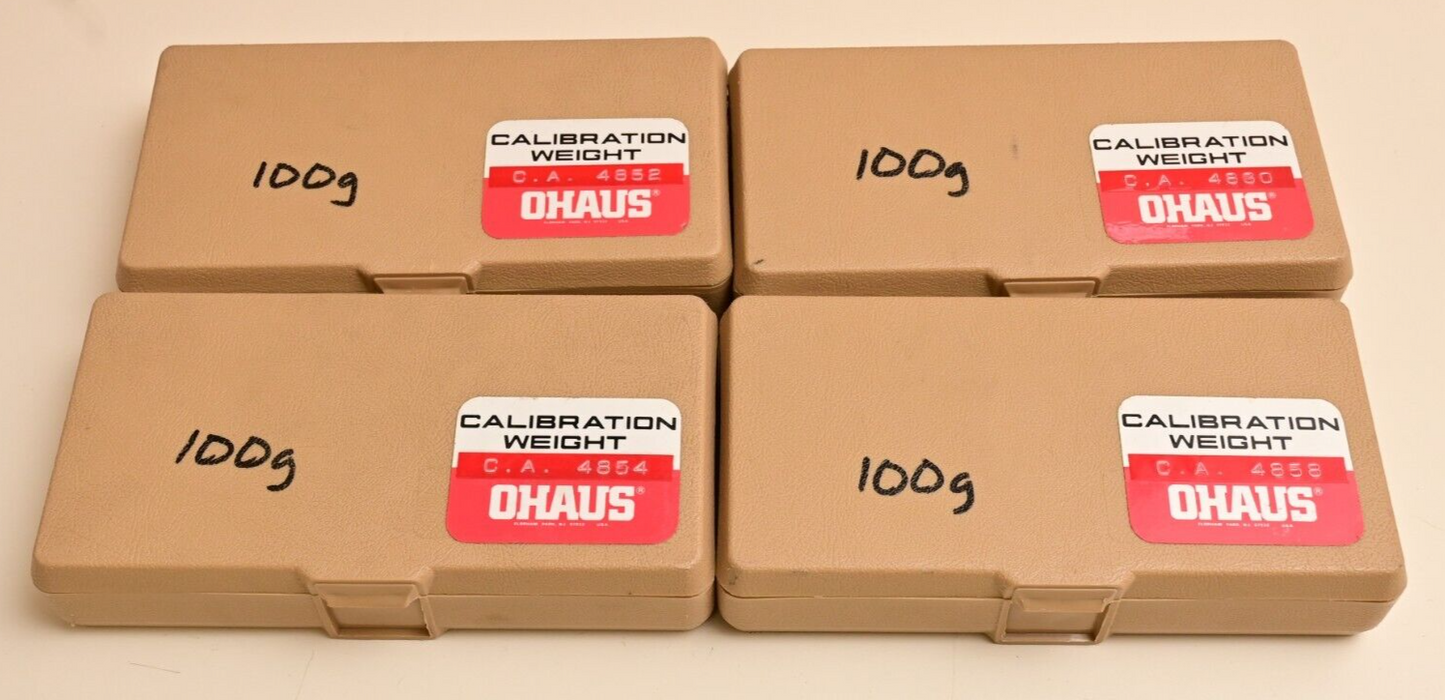 Lot of 4 Ohaus 100g Calibration Weight w/ Cases Gloves/Certificates