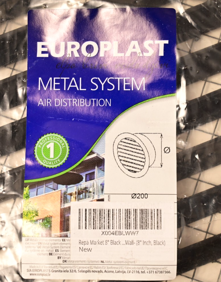 EUROPLAST Black Metal Round Air Vent Grille 8" 200mm with Screen Flat Duct Cover