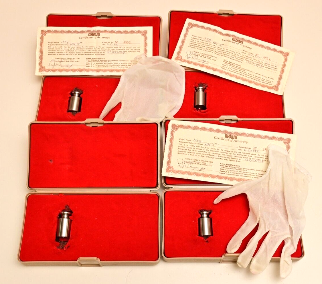 Lot of 4 Ohaus 100g Calibration Weight w/ Cases Gloves/Certificates