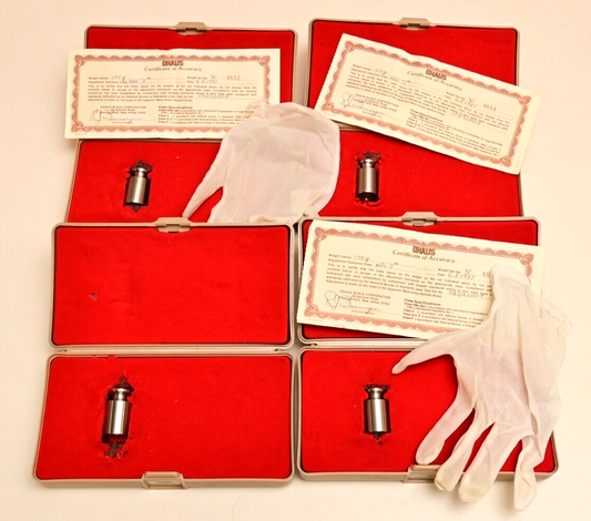 Lot of 4 Ohaus 100g Calibration Weight w/ Cases Gloves/Certificates