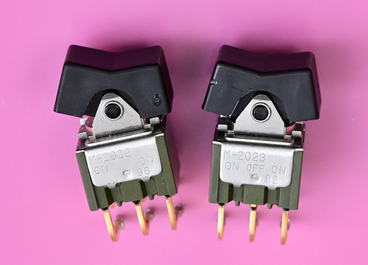 Lot of 2 NKK Rocker Switches M-2022 ON-ON M-2023 ON-OFF-ON Gold Plated Used