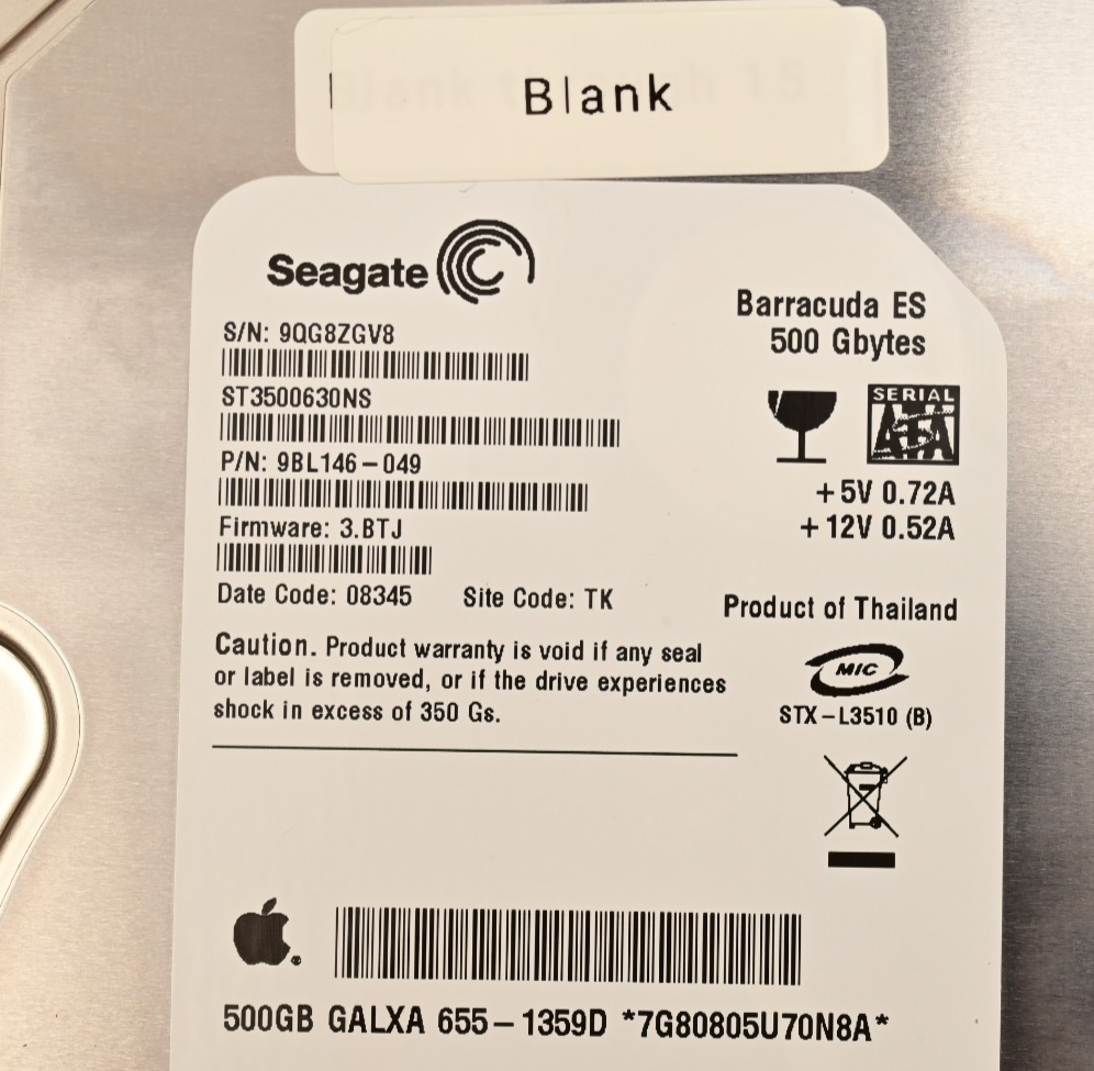 Seagate Barracuda ES Apple Mac 3.5" Hard Drive 500GB 9BL146-049 SMART GOOD