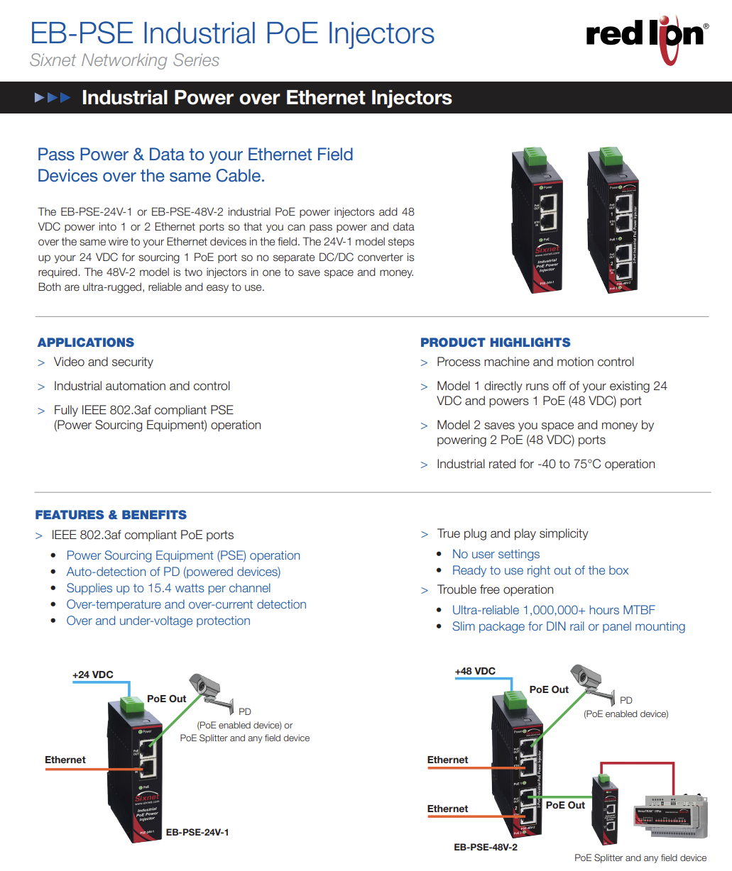 Sixnet Industrial PoE Power Injector 802.3af 48V@15.4W DIN Rail EB-PSE-24V-1B