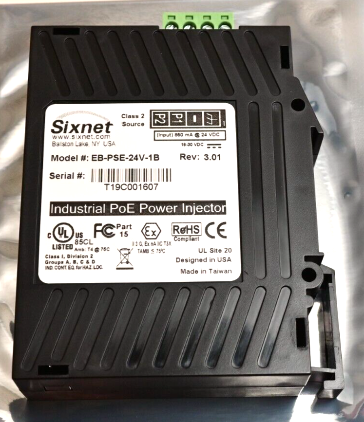 Sixnet Industrial PoE Power Injector 802.3af 48V@15.4W DIN Rail EB-PSE-24V-1B
