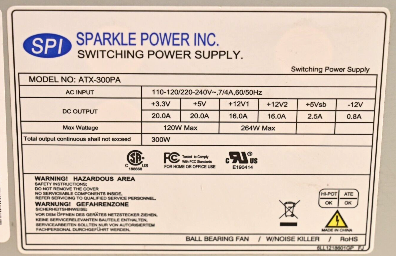 Sparkle ATX PC Power Supply ATX-300PA w/ Switch 300W Ball Bearing Fan