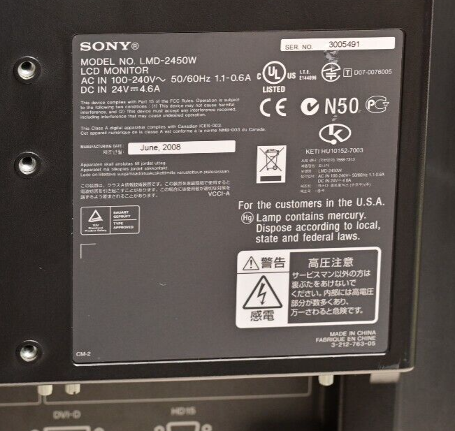 Sony LMD-2450W 24" High-Grade AC/DC LCD with BKM-243HS 4:2:2 HD-SDI Option Card