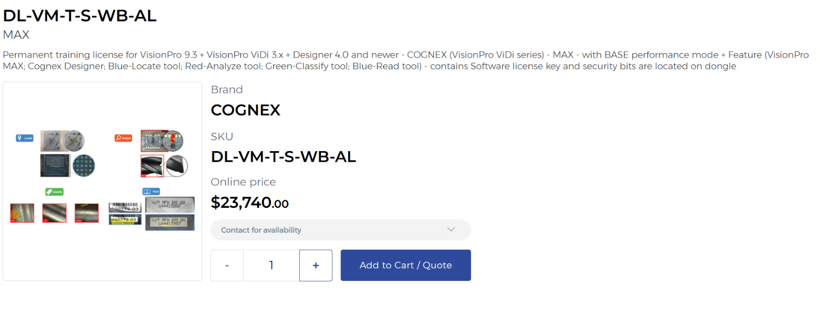 COGNEX DL-VM-T-S-WB-AL Permanent Training License VisionPro Deep Learning USB