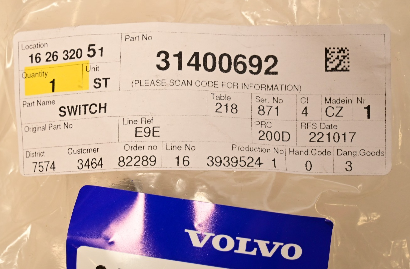 Volvo 31400692 Brake Booster Vacuum Switch Genuine NOS S80 S60 V70 XC70