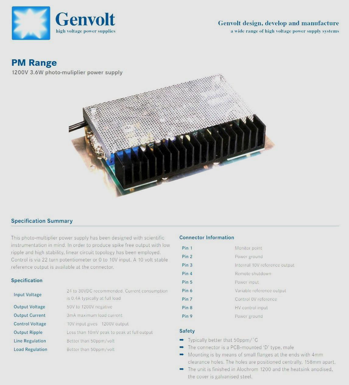 Genvolt PM1200 Photomultiplier Power Supply 50-1.2kV@3mA MarXperts MAR345 PMT HV