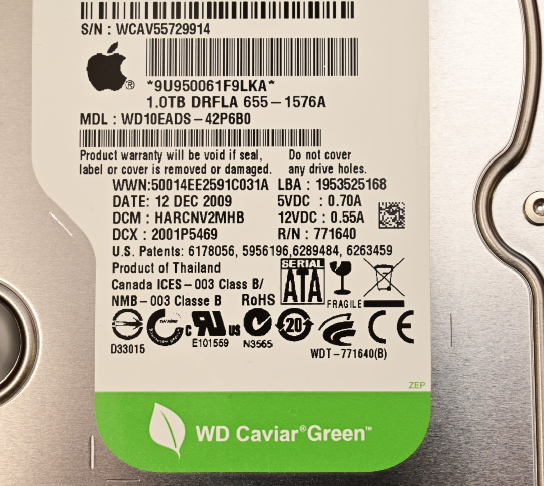 WD Caviar Green Apple Mac 3.5" Hard Drive 1.0TB WD10EADS-42P6B0 SMART GOOD