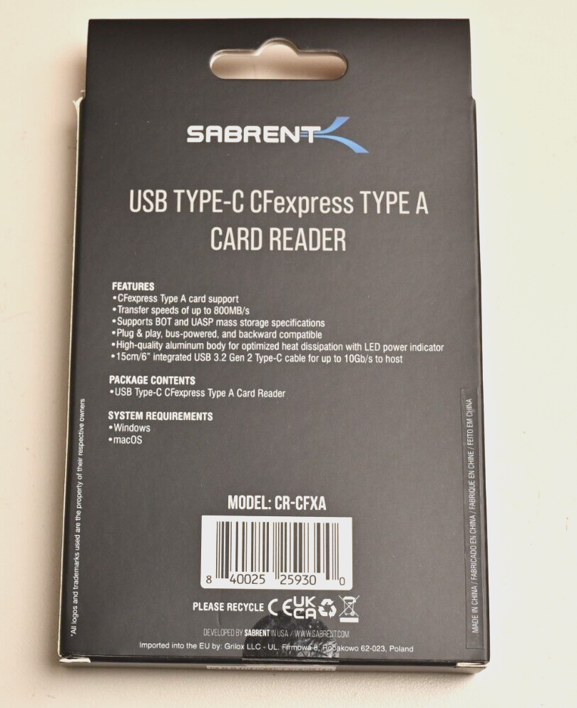 Sabrent USB Type-C CFExpress Type A Card Reader CR-CFXA NIB