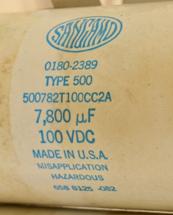 QTY 2 Sangamo 0180-2389 Large Electrolytic Capacitors 7,800uF 100VDC w/ Mounts
