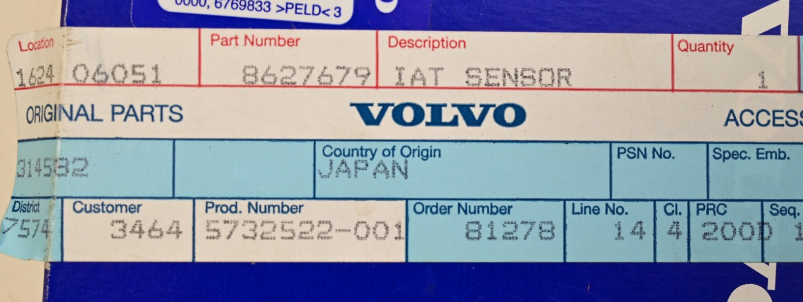 Volvo 8627679 Intake Air Sensor Sensor NOS