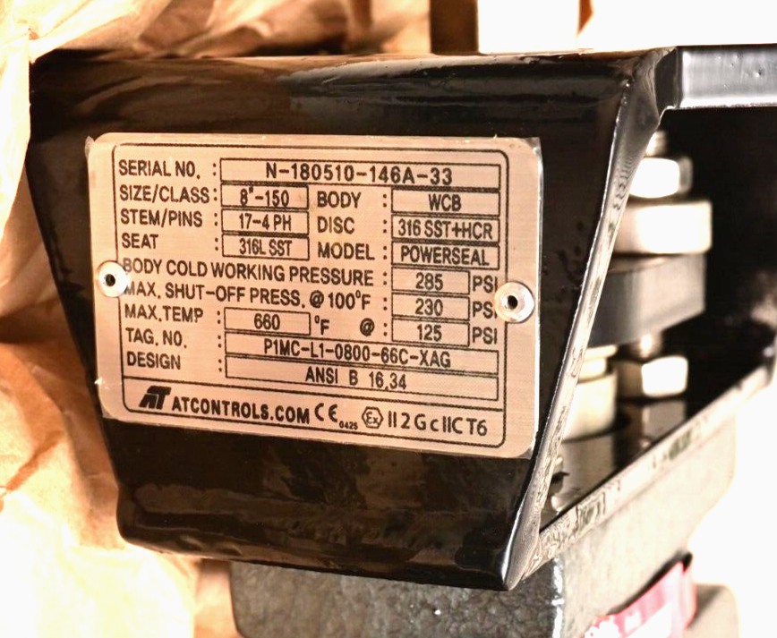 A-T Controls 8" 150lb Powerseal High Performance Butterfly Valve 316L LUG 660°F
