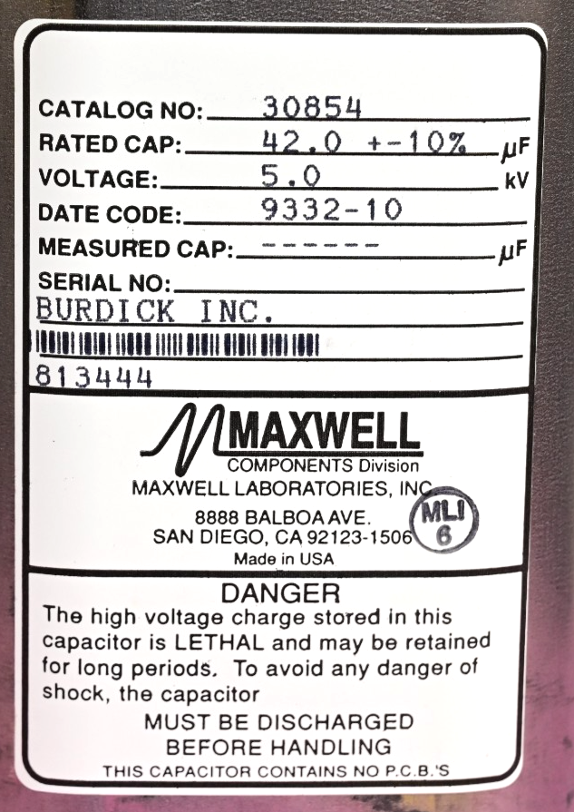 Maxwell High Voltage Capacitor P/N 30854 5kV 42μF Non-PCB Oil-Filled Burdick