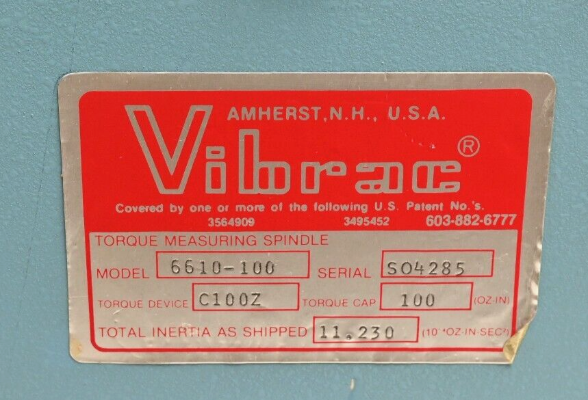 Vibrac Torque Measuring Spindle Model 6610-100 C100Z/TQ-100 Sensor 100 oz-in