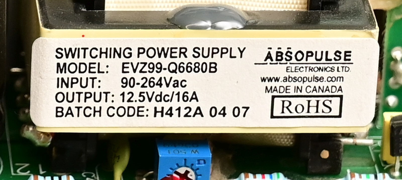 Absopulse EVZ99-Q6680B DC Power Supply 12.5VDC@16A 90-264VAC
