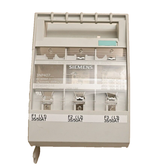 Siemens 3NP407 Fuse Carrier w/ 2x 3NA3 820 50A Fuses
