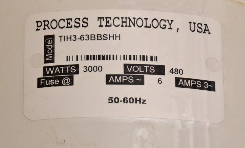 Process Technology 3kW PTFE In-Line Chemical Heater TIH3-63BBSHH 3-Phase 480V