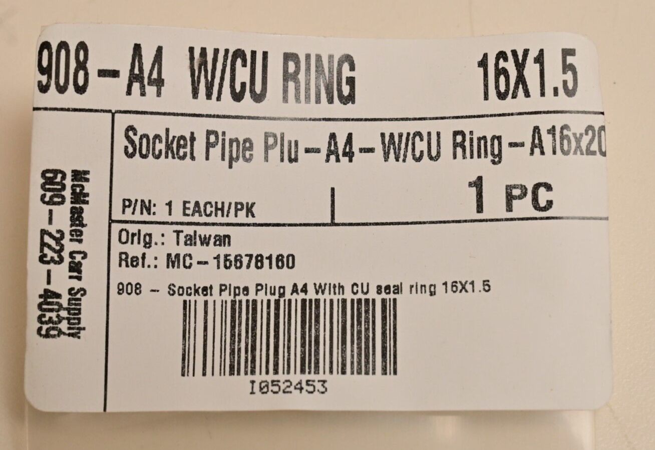 Socket Pipe Plug A4 w/ Copper Ring 16mm x 1.5mm McMaster 609-223-4039