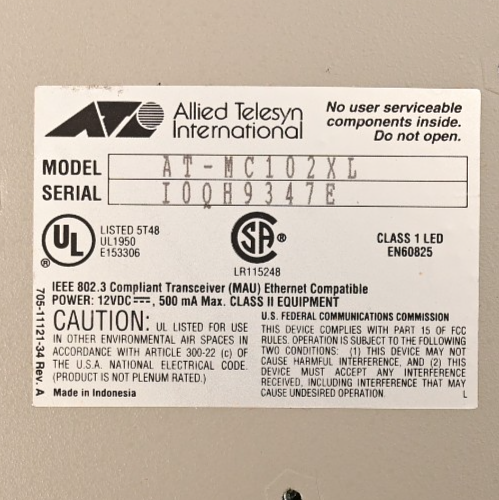 ATI AT-MC102XL Fast Ethernet to Fiber Media Converter NOS Allied Telesyn