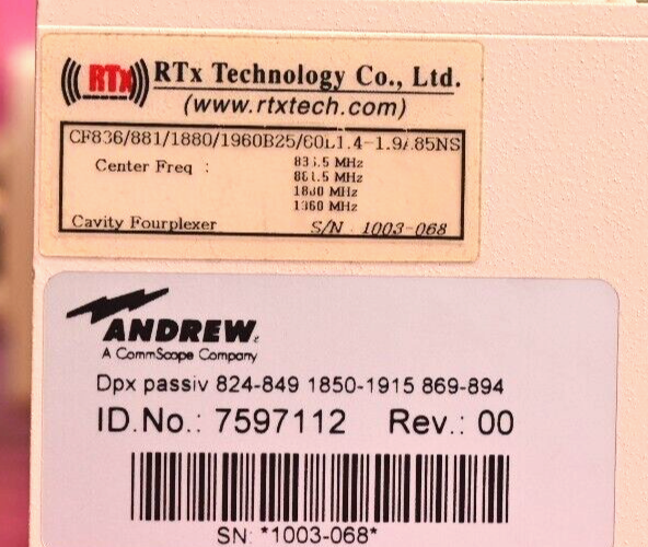 RTx Technology Cavity Fourplexer 850/1900 Cell/PCS Duplexer Andrew ION-B 7597112