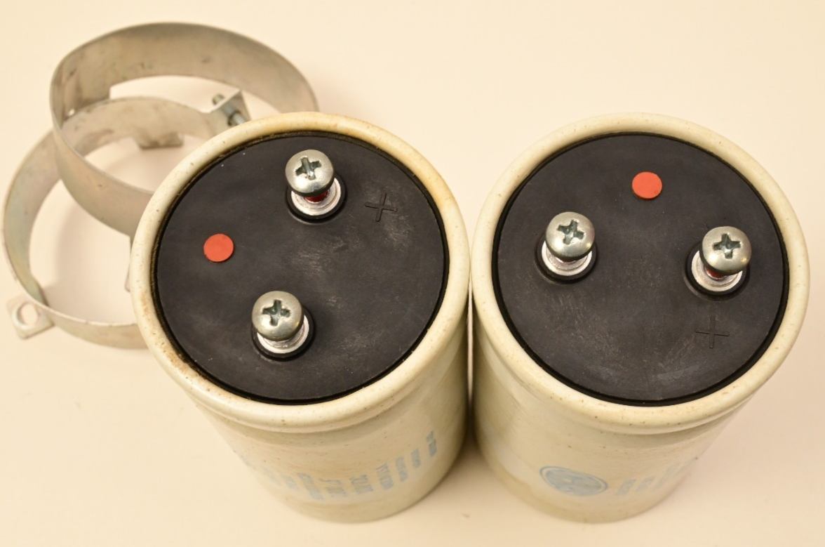 QTY 2 Sangamo 0180-2389 Large Electrolytic Capacitors 7,800uF 100VDC w/ Mounts